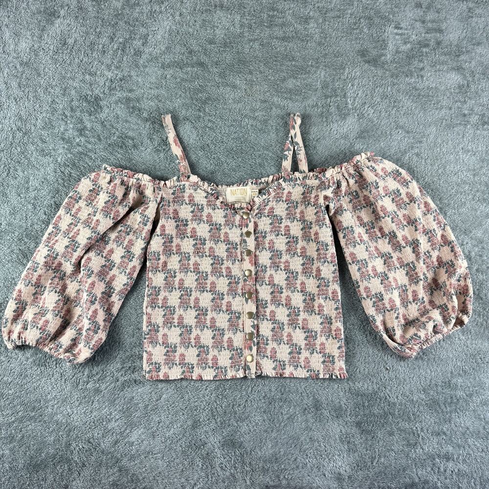 Nation LTD Shirt Womens XS Pink Blue Smocked‎ Puff Sleeve Button Up Floral Top